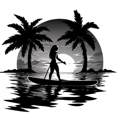 Female Paddleboarder With Sunset Beach