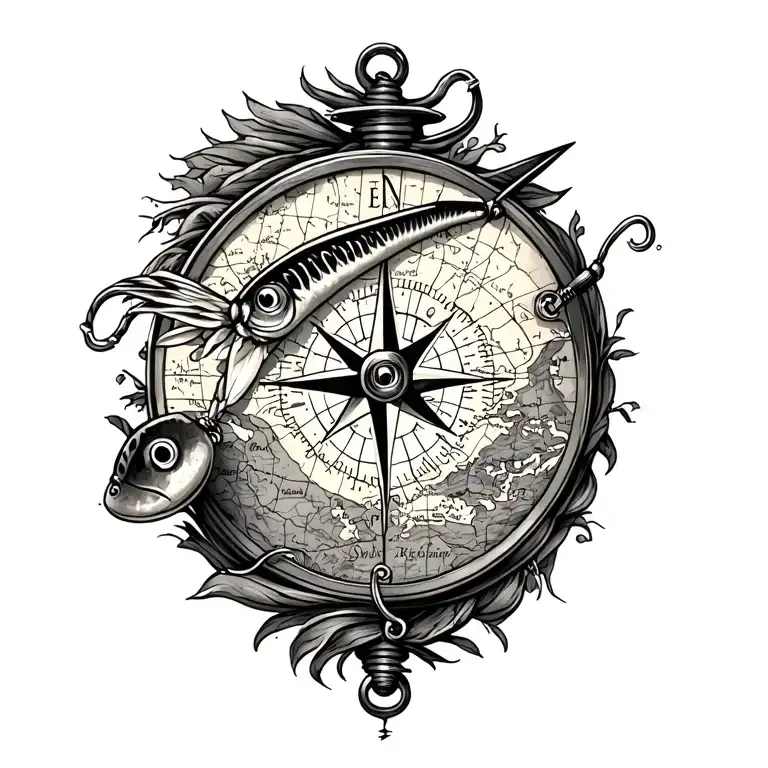 Map And Compass And Fishing Lure Surrounded