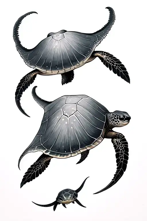 Stingray And Sea Turtle Swimming Realism Style