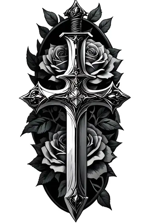 Cross Shaped Sword With Rose Design Around