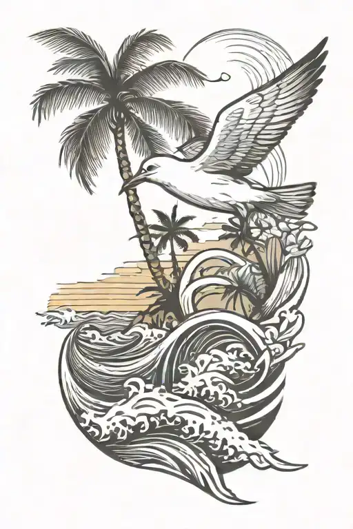 Seagull On Wave With Palms Tree