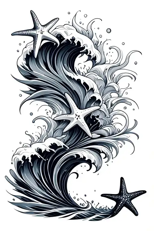 Ocean Waves With Star Fishes Vertically