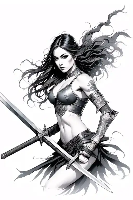 Beautiful Female Warrior Wielding A Sword