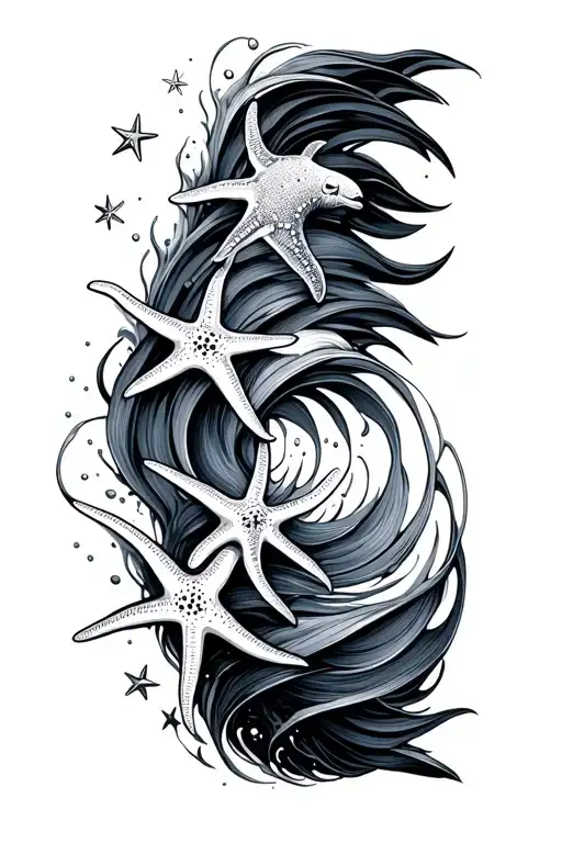 Line Work Ocean Waves With Star Fishes Vertically