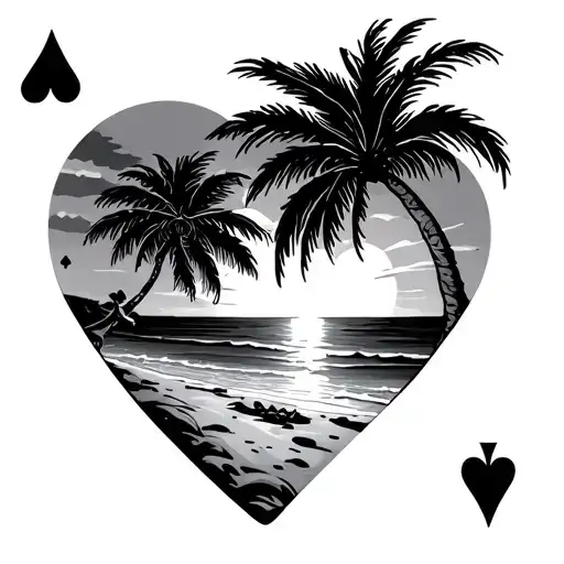 Beach With Palm Trees Showed In A Playing Card Of A Heart Ace With Sunset