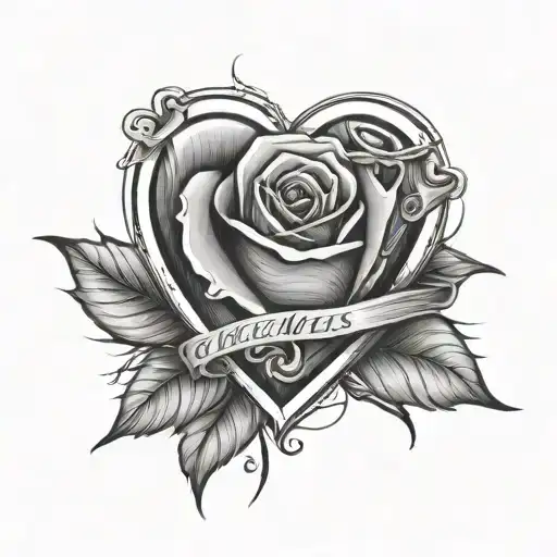 A Love Heart With A Single Rose Inside It And A Banner Running Across It