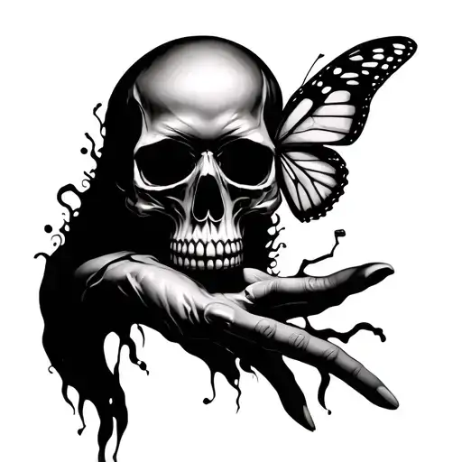 Skull Hand With Skin Growing Back With Butterfly On Finger