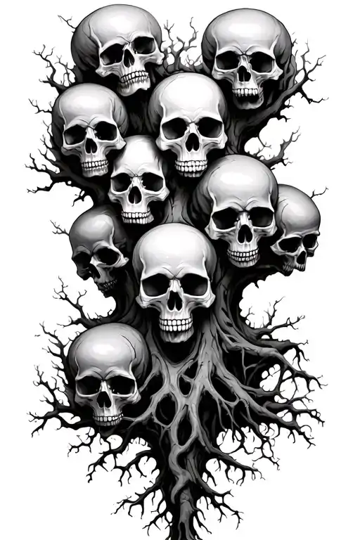 Skulls Surrounding A Tree With Roots Growing In The Skulls