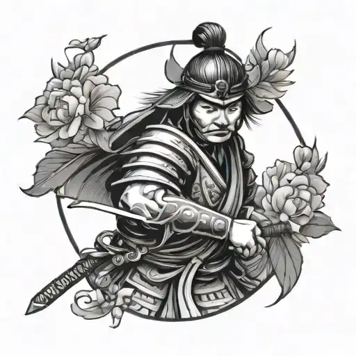 Samurai With Flowers In A Japanese Style