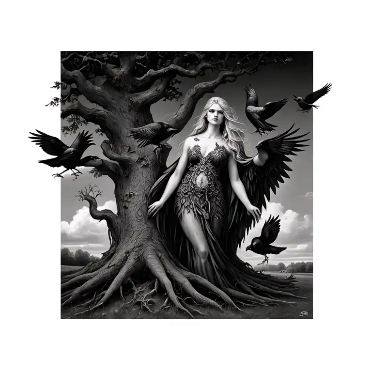 The Morrigan Irish Goddess With Crows An Old Oak Tree Growing