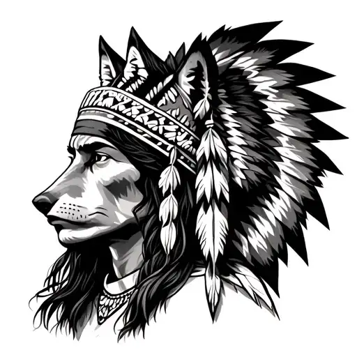 Native American With Wolf Headdress Being Worn