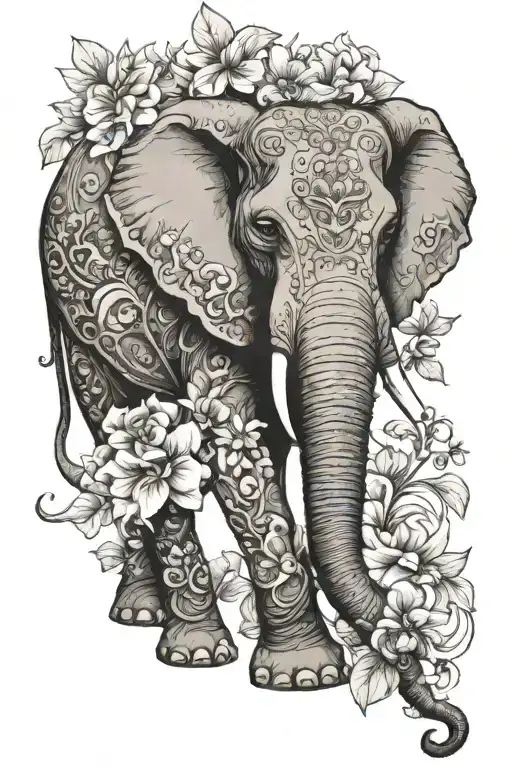 Elephant With Fine Line Flowers Intertwined