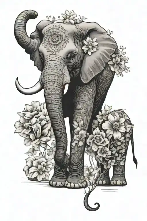Realistic Elephant With Fine Line Flowers Surrounding