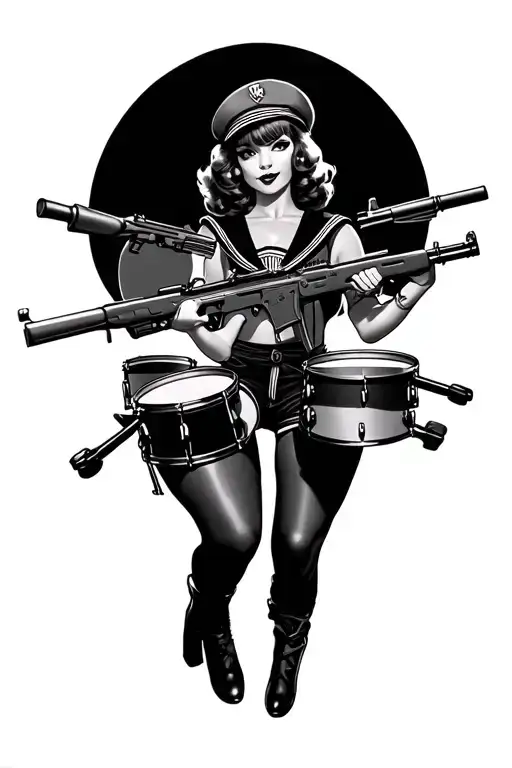 Pinup Girl Sailor Style Playing Drums Using Assault Rifles
