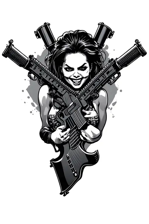 Pinup Punk Rock Drums Using Assault Rifles Crossed Above Cruel Smiling