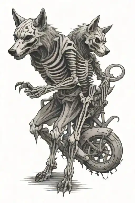 Skeleton Figure Standing Off With Evil Wolf