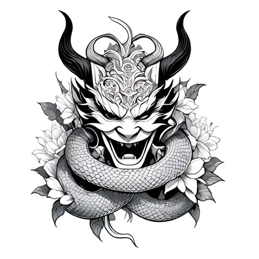 Oni Mask Surrounded By Snake And Peonys