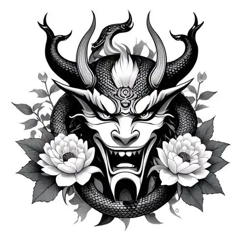 Oni Mask Surrounded By Snake And Peonys