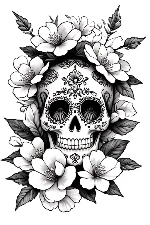 Cherry Blossoms And Mexican Sugar Skull That Wrap Around The Arm