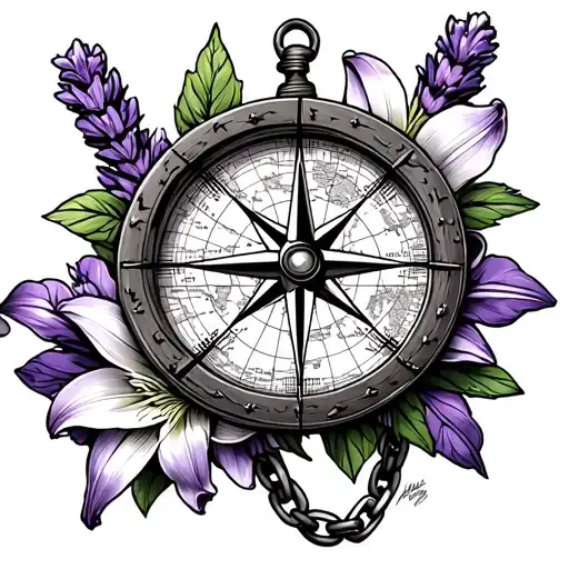 Lilys With Lavender Compass With Map And Chain