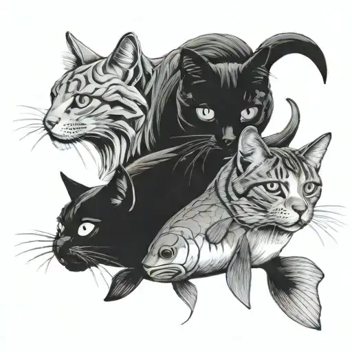 Fish And Two Cats Looking