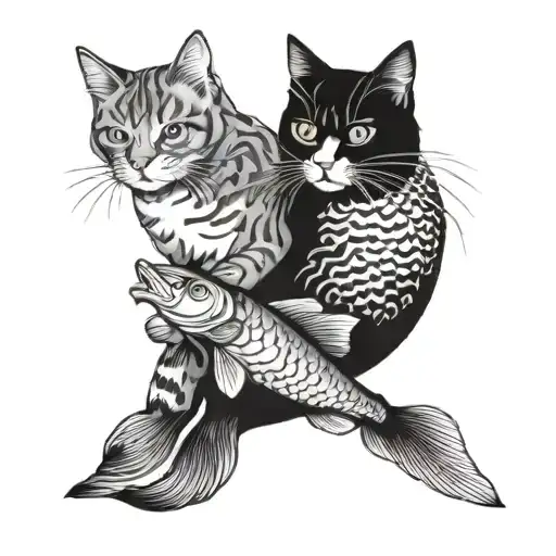 Fish And Two Cat Playing