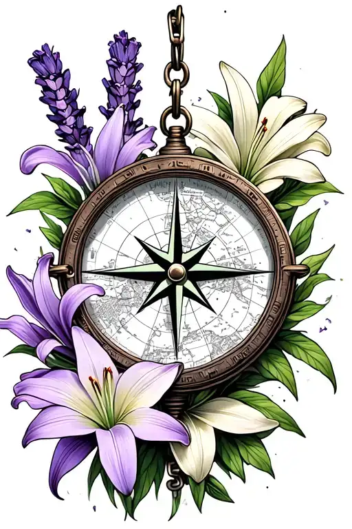 Lilys With Lavender Compass With Map And Chain