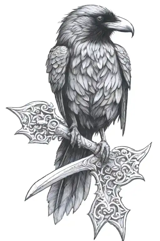 Raven Perched Holding A Dagger In Beak