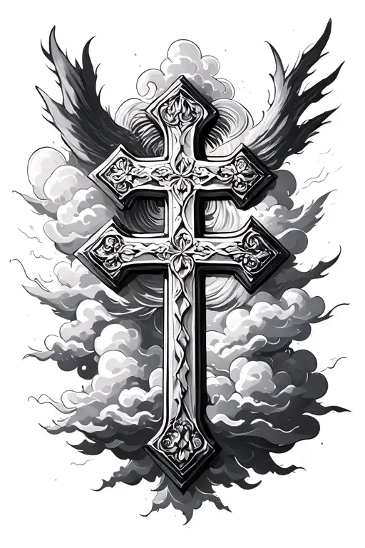 Simple Roman Cross Surrounded By Clouds