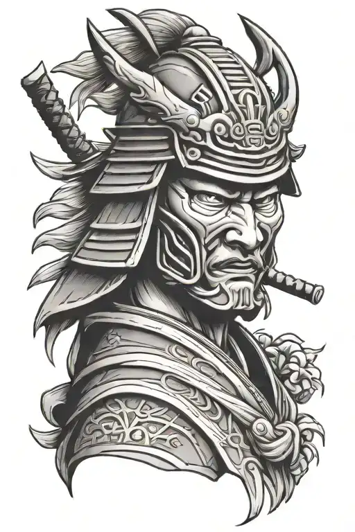 Samurai Tattoo In Graphic Style In A Hanja Mask
