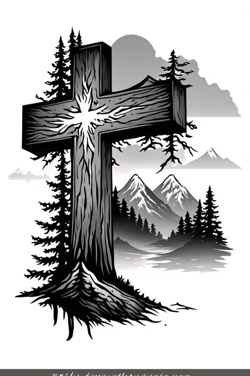 A Cross Design With Trees And Mountains Representing Family And Loyalty