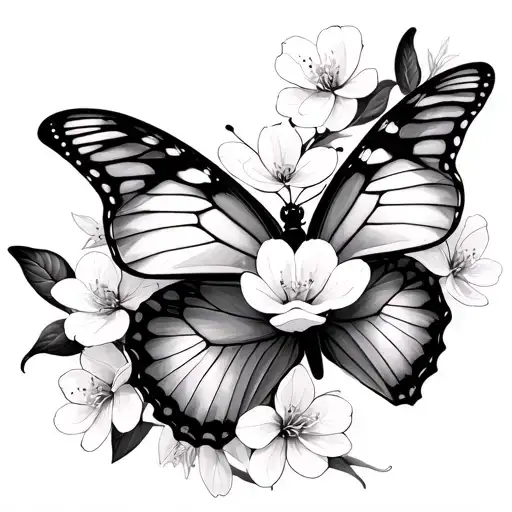 Butterflies With Cherry Blossom Flowers And Random Line Work