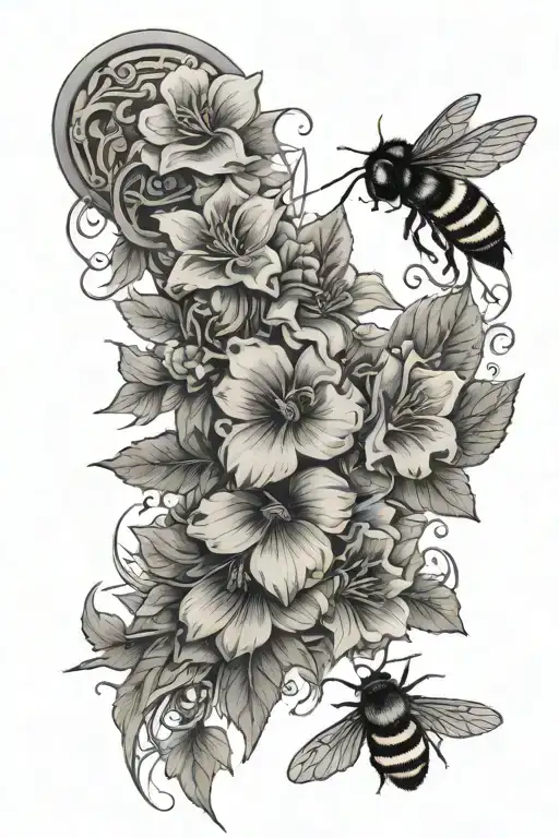 Leave Vine Wrapped With Flowers And Bees On Forearm