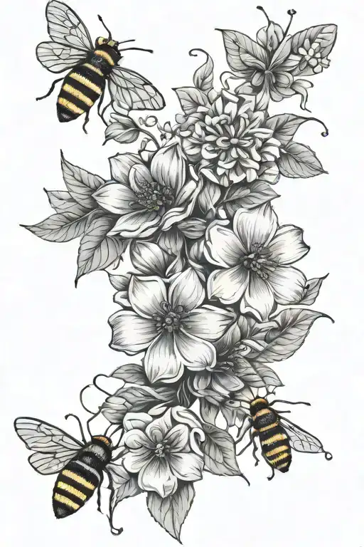 Leave Vine Wrapped With Flowers And Bees On Forearm