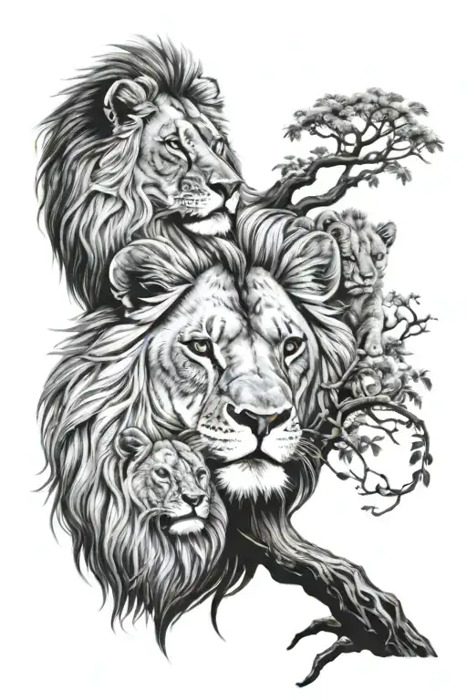 Lion Head Over A Tree With Two Cubs And A Lioness