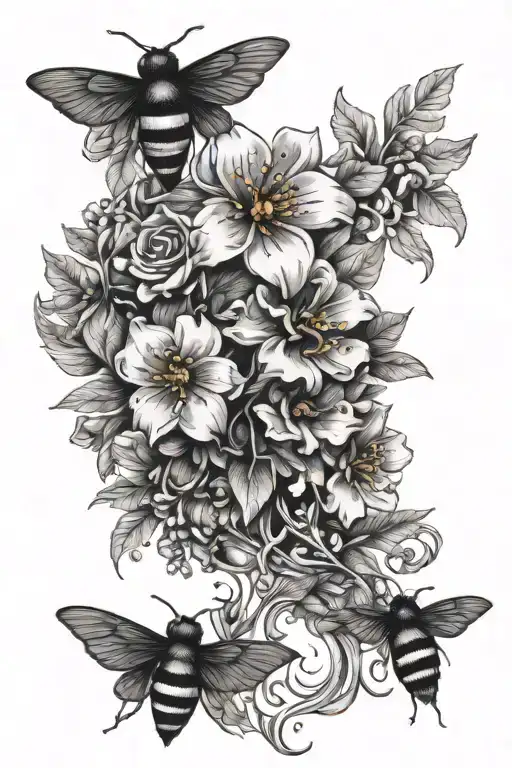 Leave Vine Wrapped With Flowers And Bees On Forearm