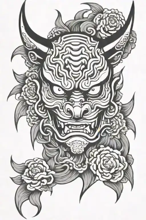 Japanese Hannya Mask And Fu Dog