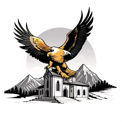Minimalist Gergeti Trinity Church With Mountains In The Back And A Golden Eagle Flying Above