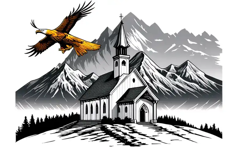 Minimalist Gergeti Trinity Church With Mountains In The Back And A Golden Eagle Flying Above