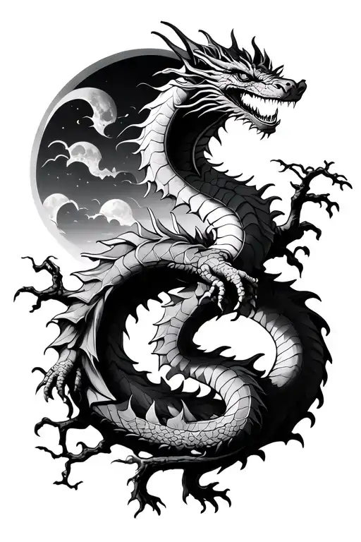 Dragon Wrapping Around A Tree W Moon In The Background