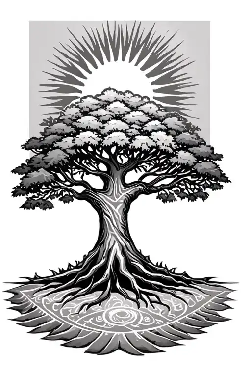Tree Of Life And Sun In Aztec Style On The Right Top Side Of The Tree