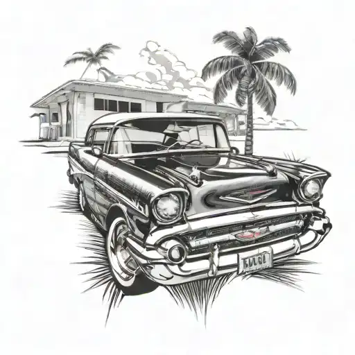 1957 Chevy Bel Air With Palm Tree In The Background With A License Plate Saying Tom
