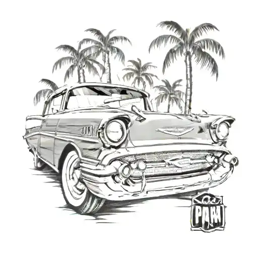 1957 Chevy Bel Air With Palm Trees In The Background With The License Plate Saying Tom