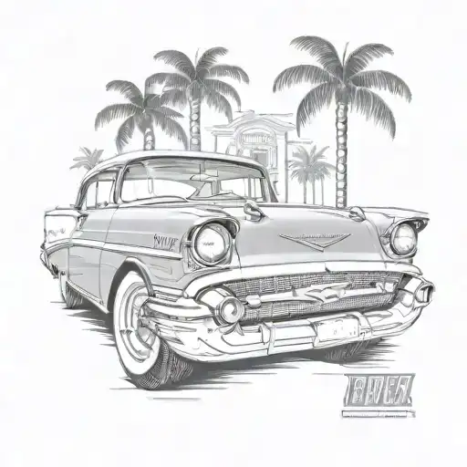 1957 Chevy Bel Air With Palm Trees In The Background With The License Plate Saying Tom
