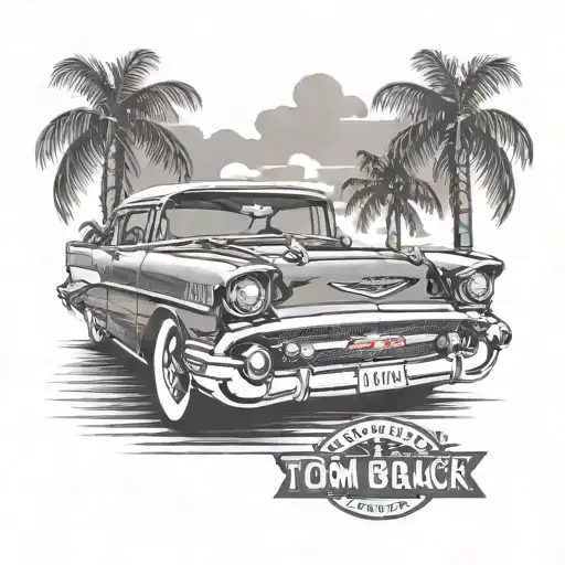 1957 Chevy Bel Air With Palm Trees In The Background With A License Plate That Says Tom