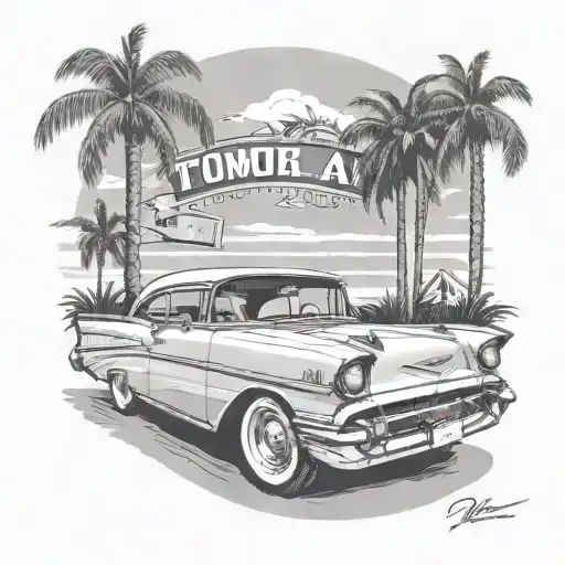 1957 Chevy Bel Air With Palm Trees In The Background With A License Plate That Says Tom