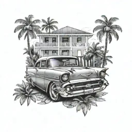1957 Chevy Bel Air With Lots Of Palm Trees In The Background
