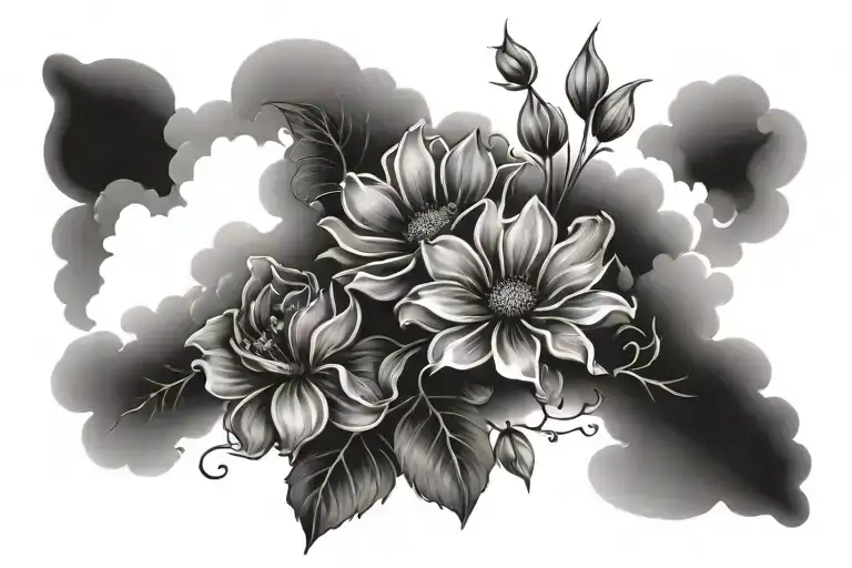 Clouds With Sun Shining Through And Flowers Beneath