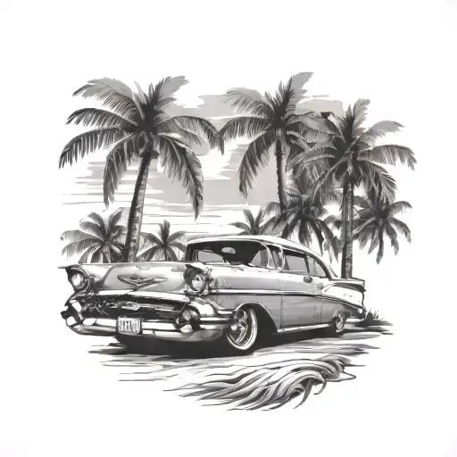 1957 Chevy Bel Air With Lots Of Palm Trees And A Beach In The Background