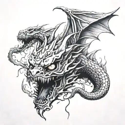 A Detailed Black-grey Tattoo Of A Dragon Breathing Fire With Tokyo Ghoul Masks In The Background